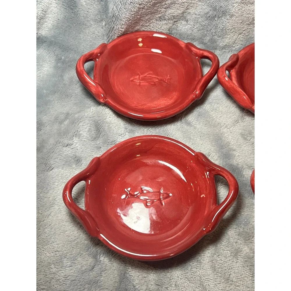 Pottery Barn Red Paella Dishes Set of 4 Fish Embossed Handled Bowls 5in Bakeware
